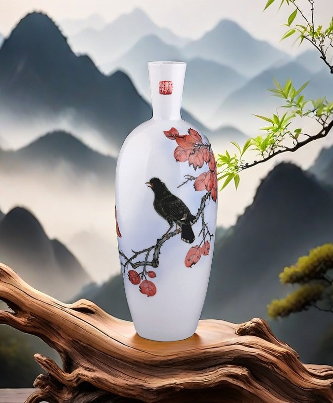 "Birdsong Amid Crimson Leaves" Vase