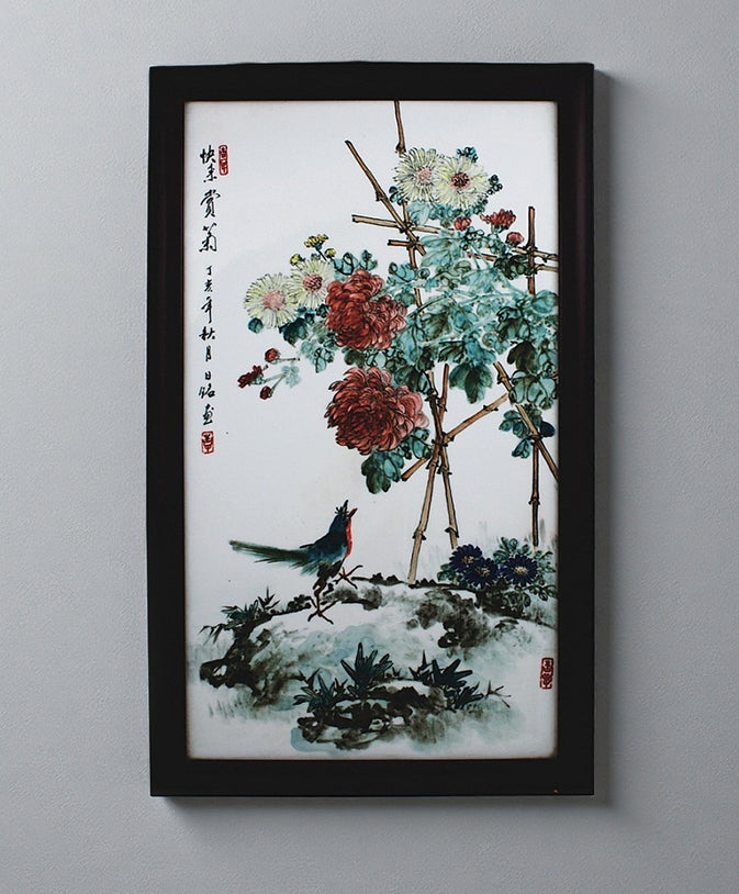 Porcelain Panel Painting "Come and Appreciate the Chrysanthemums"