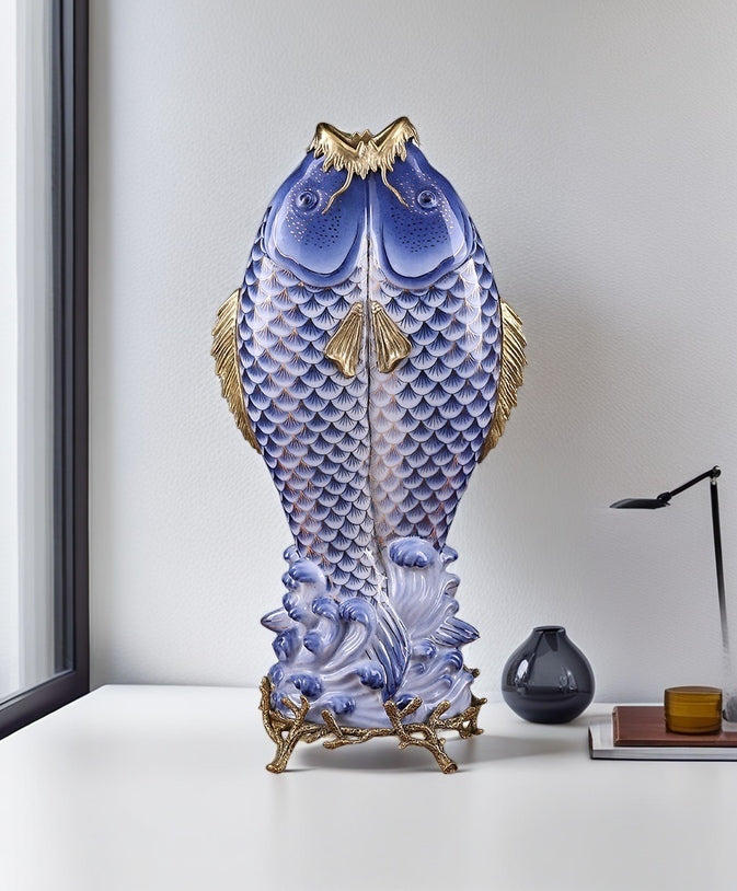 Blue & White Double Koi Sculpture
